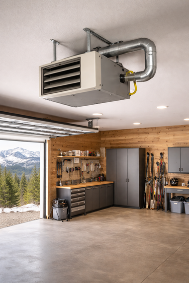 Garage with a ceiling-mounted heater, open door with mountain view, cabinets, and concrete floor.
