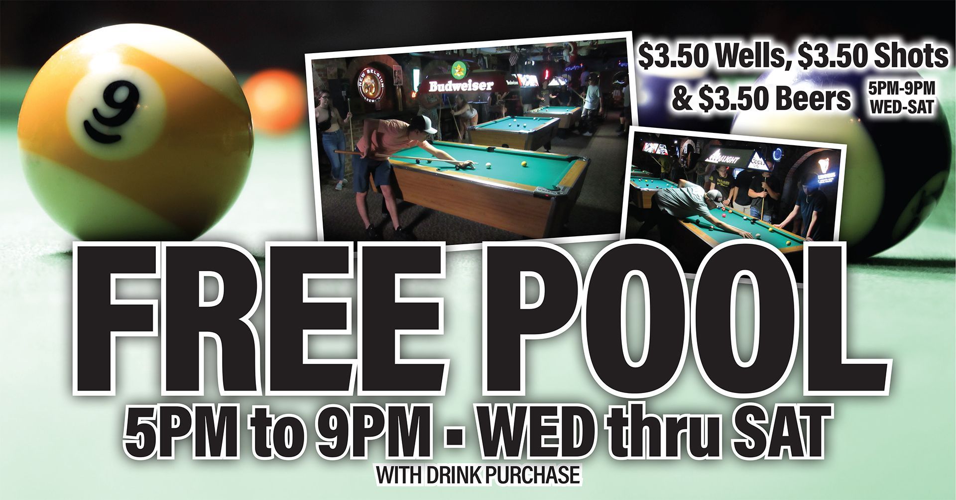 A pool table with pool balls and the words free pool