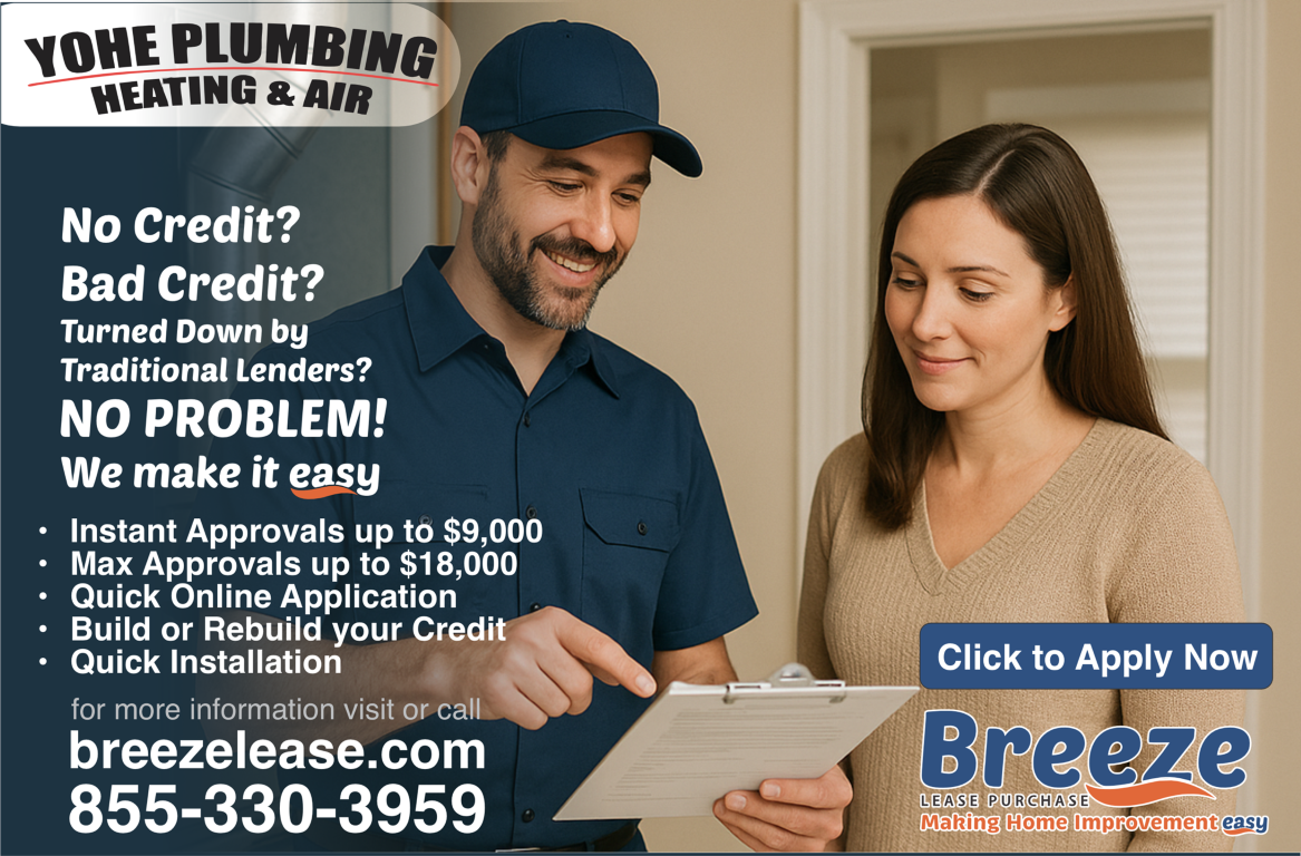 Plumber ad with man and woman reviewing paperwork, offering no credit or bad credit financing, Breeze approval button.