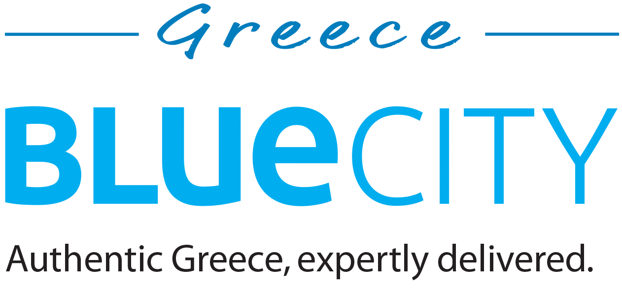 "BLUECITY" logo in light blue, with the tagline "Authentic Greece. Expertly delivered." in black text underneath.