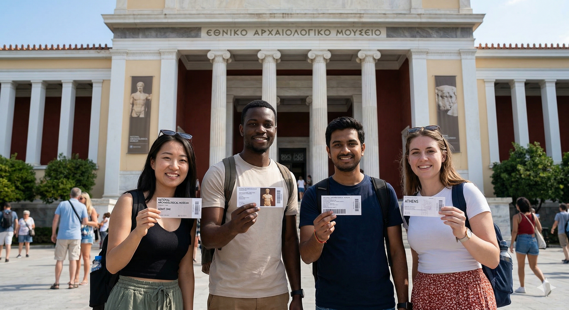 Four people holding admission tickets in front of the National Archaeological Museum in Athens on a sunny day.
