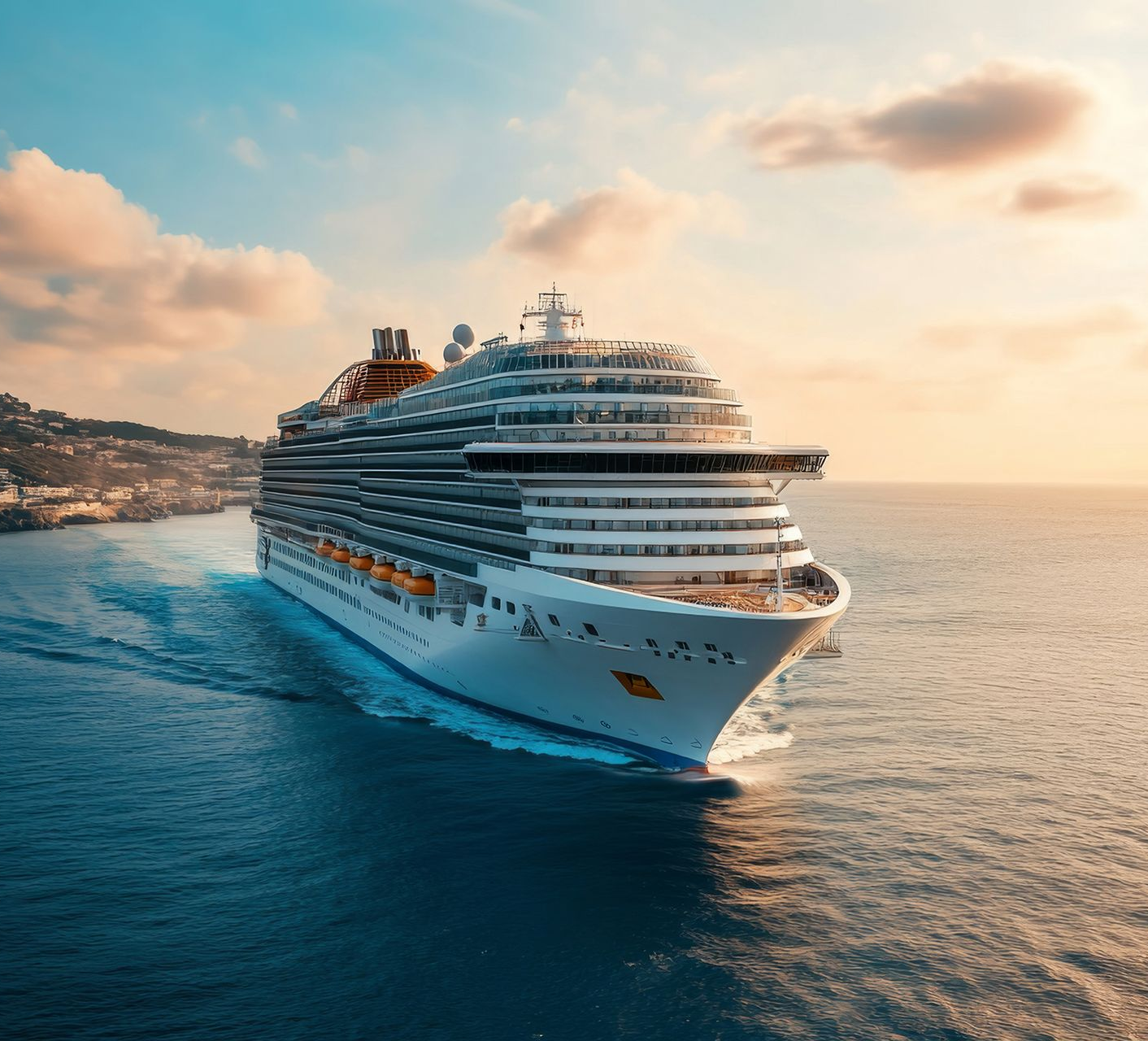 A large white cruise ship sails across a calm blue sea at sunset near a mountainous coastline.