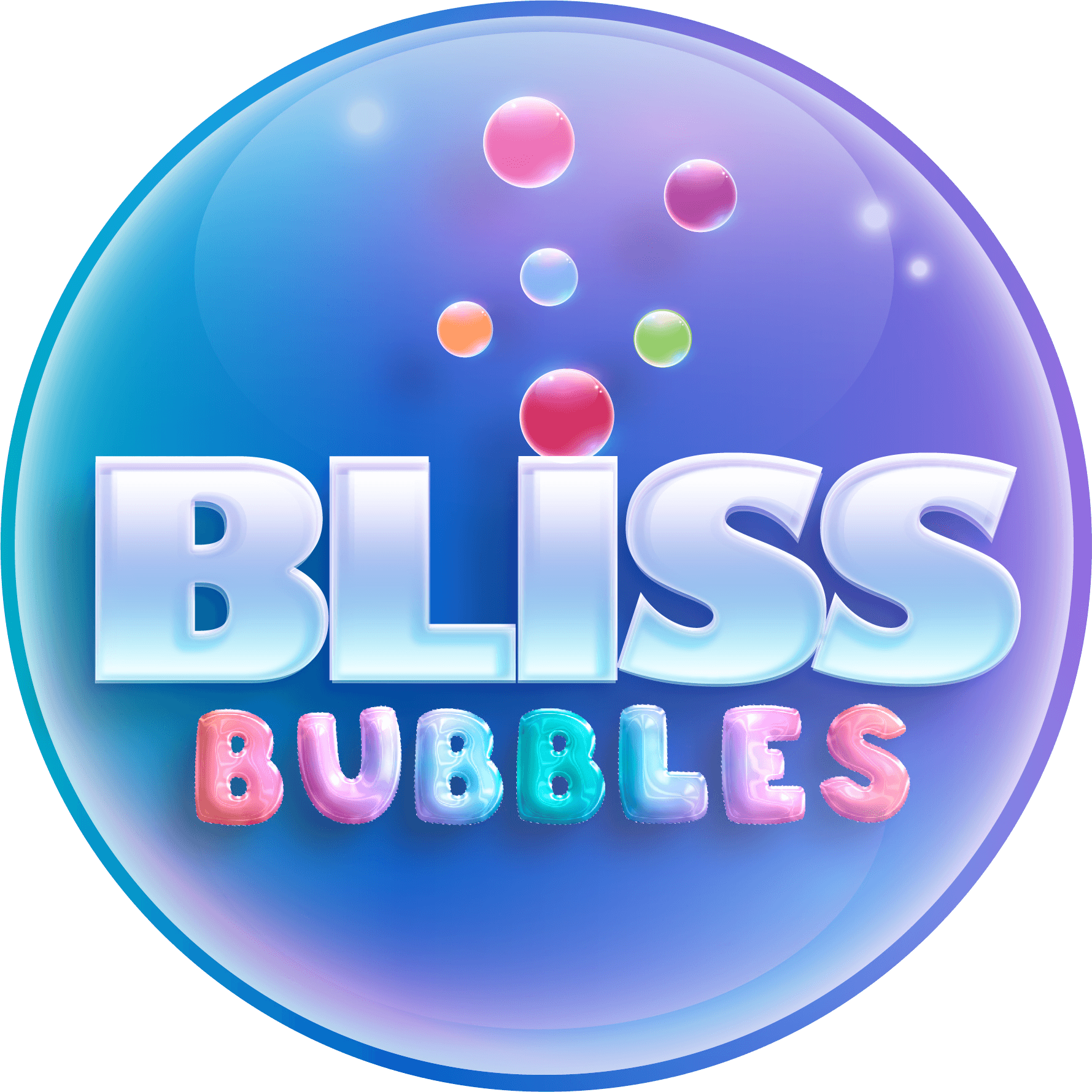 Un logotipo de Bliss Bubbles con burbujas saliendo de él.