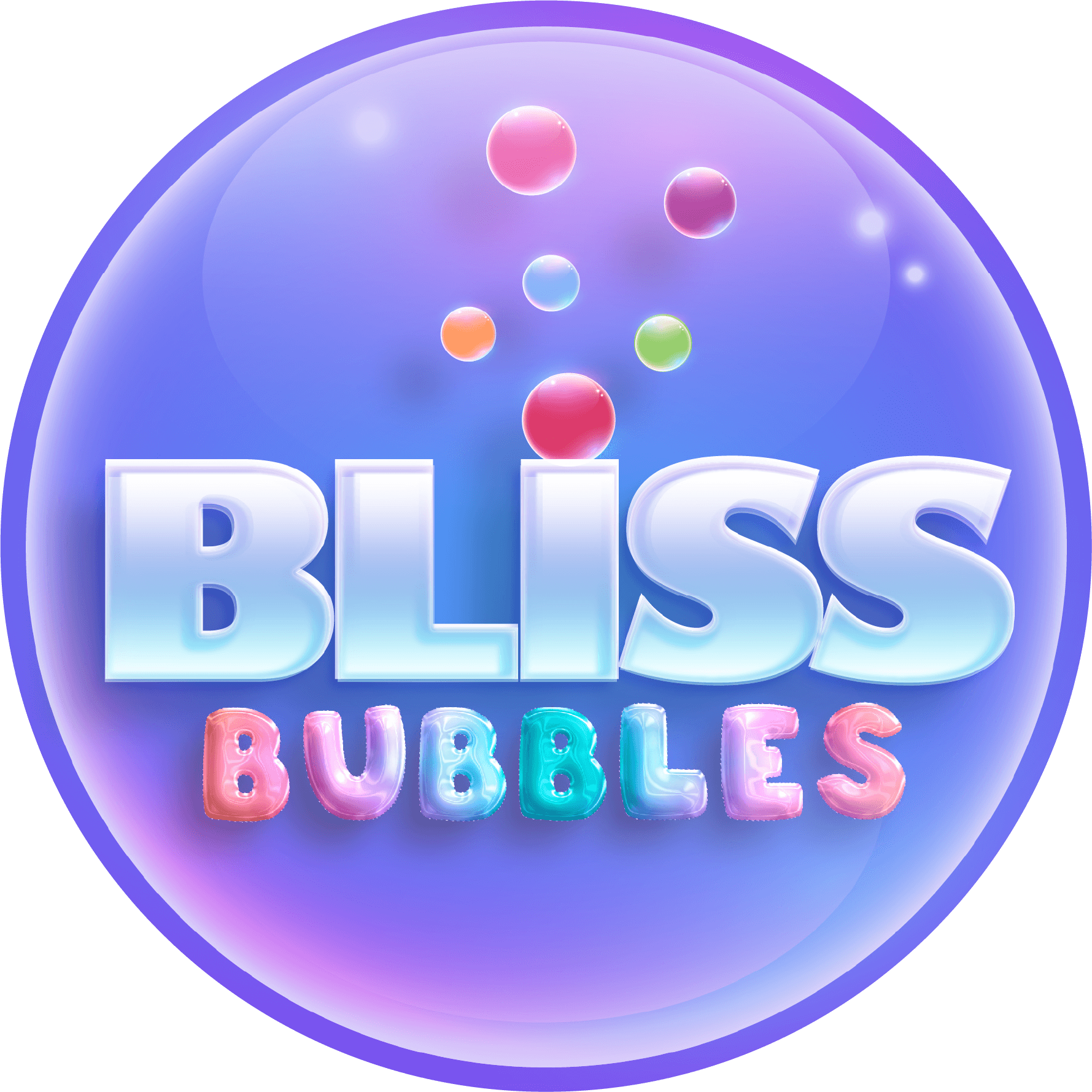 Un logotipo de Bliss Bubbles con burbujas saliendo de él.