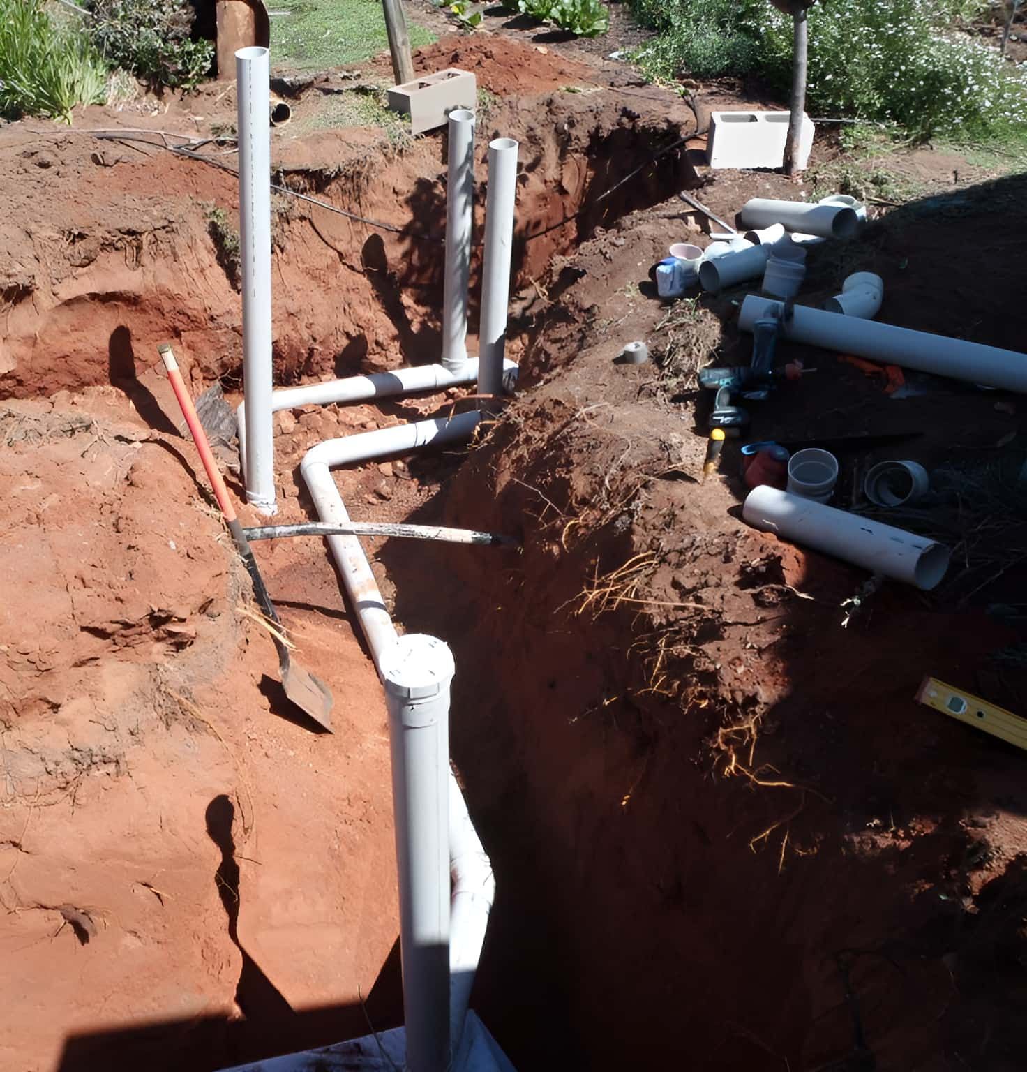 A Bunch Of White Pipes Are Laying In The Dirt — Araluen Plumbing In Braitling, NT