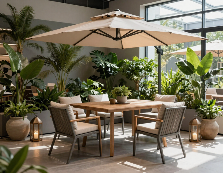 Esposizione di tavoli, sedie e complementi da giardino