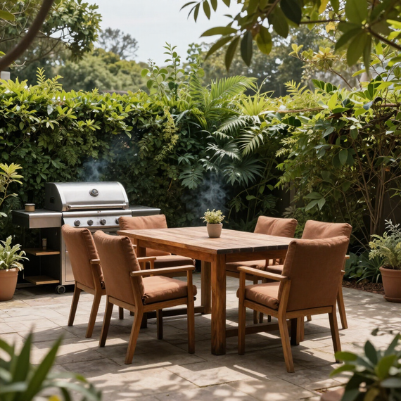 Patio sul retro con tavolo da pranzo in legno, sedie imbottite, barbecue e rigogliose siepi verdi.