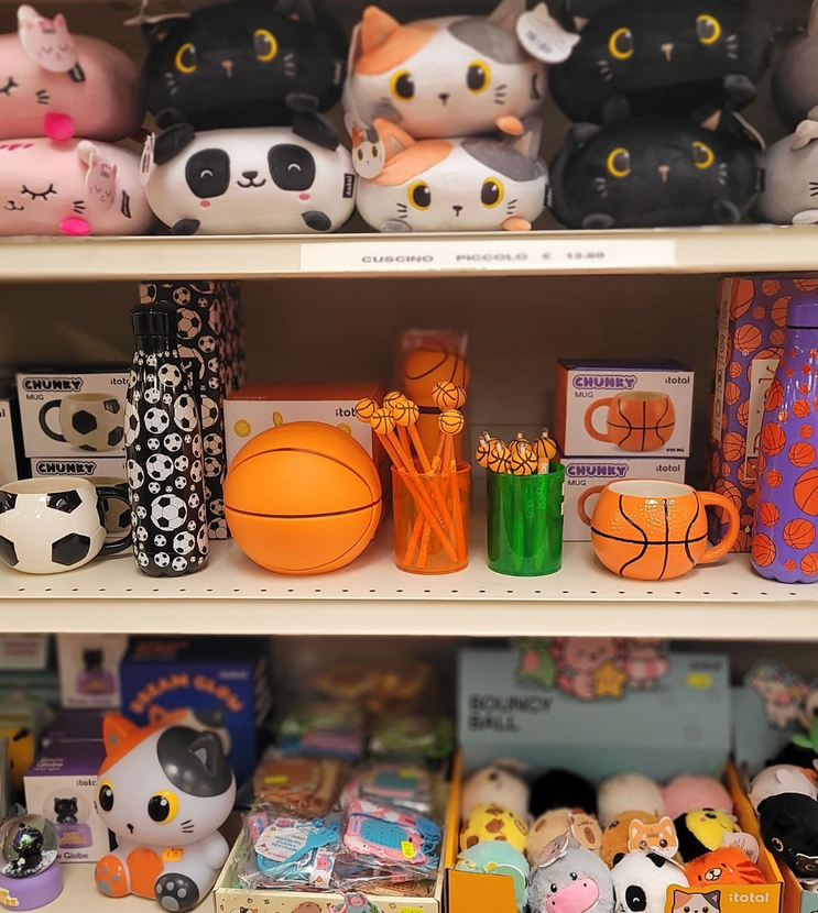 Gli scaffali del negozio sono pieni di peluche, tazze a tema sportivo, palloni da basket, articoli di cancelleria e altri articoli da regalo.