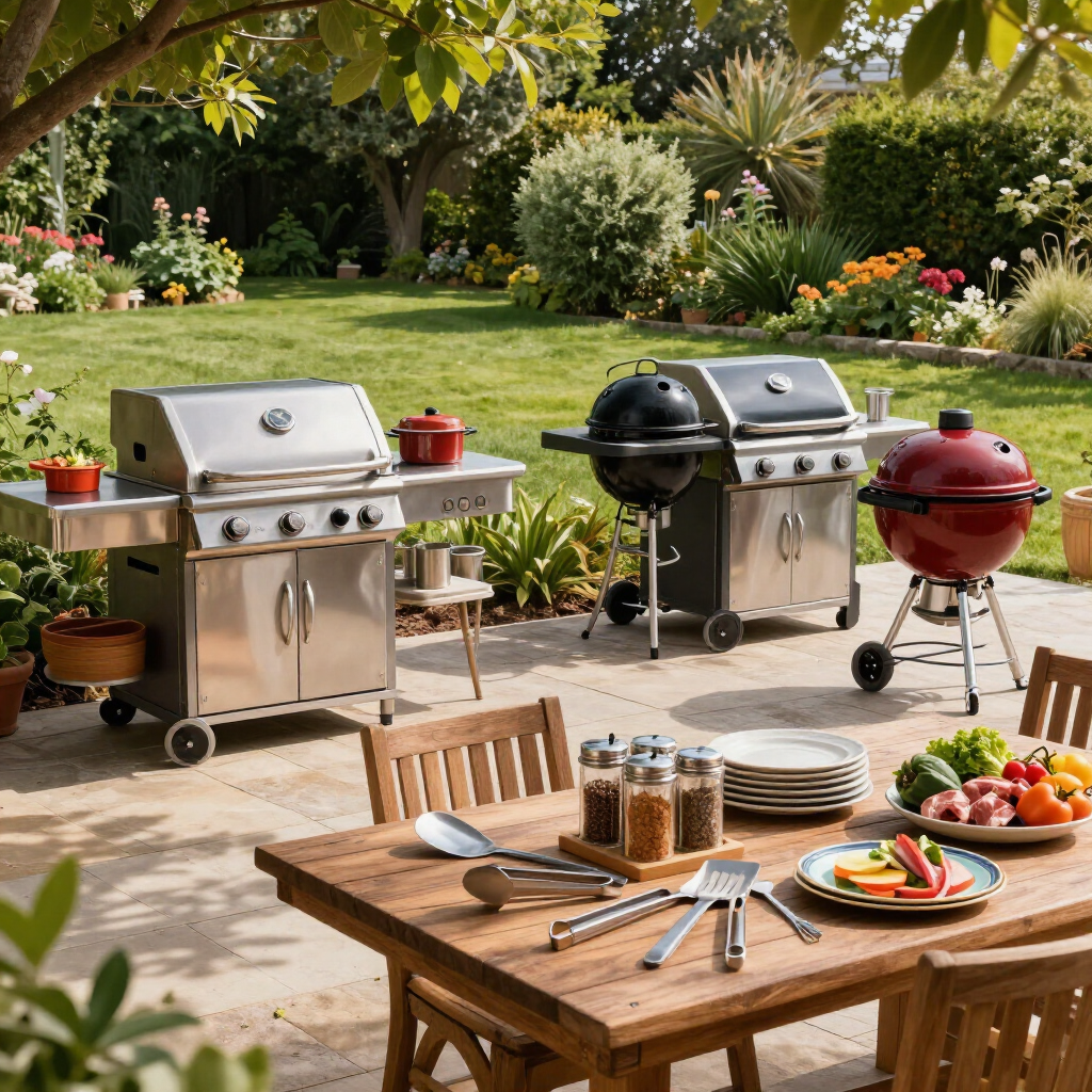 Patio esterno con tre griglie e un tavolo di legno apparecchiato con cibo, immerso in un rigoglioso giardino.
