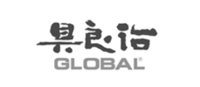 Logo GLOBAL in bianco e nero con caratteri cinesi sopra la parola