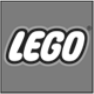 Logo LEGO in bianco su sfondo quadrato grigio.
