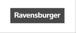 Logo Ravensburger in testo bianco su sfondo rettangolare grigio scuro.