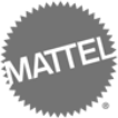 Logo Mattel grigio e appuntito con testo bianco su sfondo chiaro.