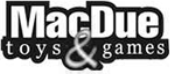 Logo di MacDue Toys & Games in testo bianco e nero con una e commerciale stilizzata