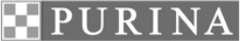 Logo Purina su sfondo grigio con icona a scacchiera bianca e testo bianco.