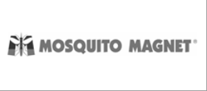 Logo Mosquito Magnet con icona stilizzata di zanzara e testo grigio su sfondo bianco.