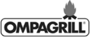 Logo OMPAGRILL con testo nero e icona a forma di fiamma sopra, su sfondo bianco.