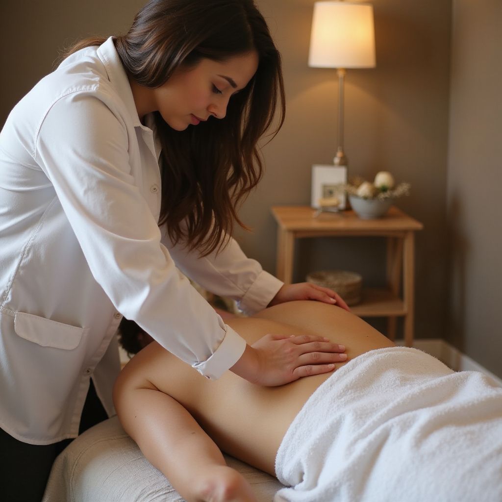 Massage therapist giving a back massage on a client lying face down on a massage table.