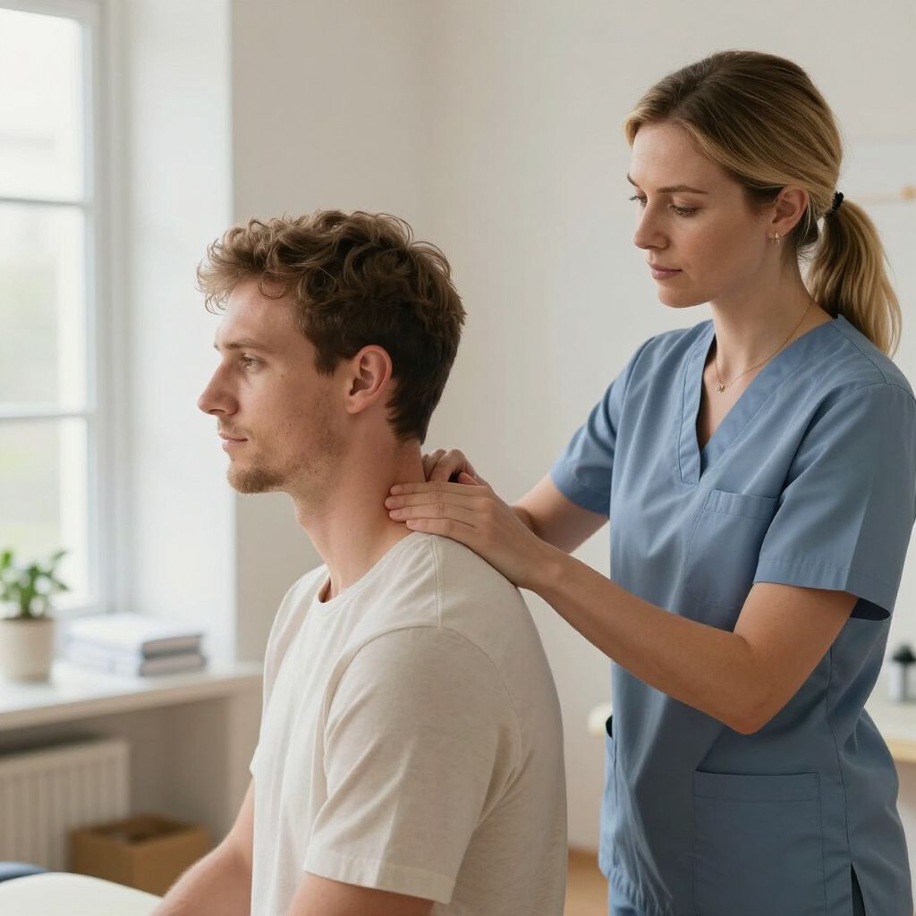 Woman in scrubs massaging a person's neck. The person is sitting in a medical setting, looking straight ahead.