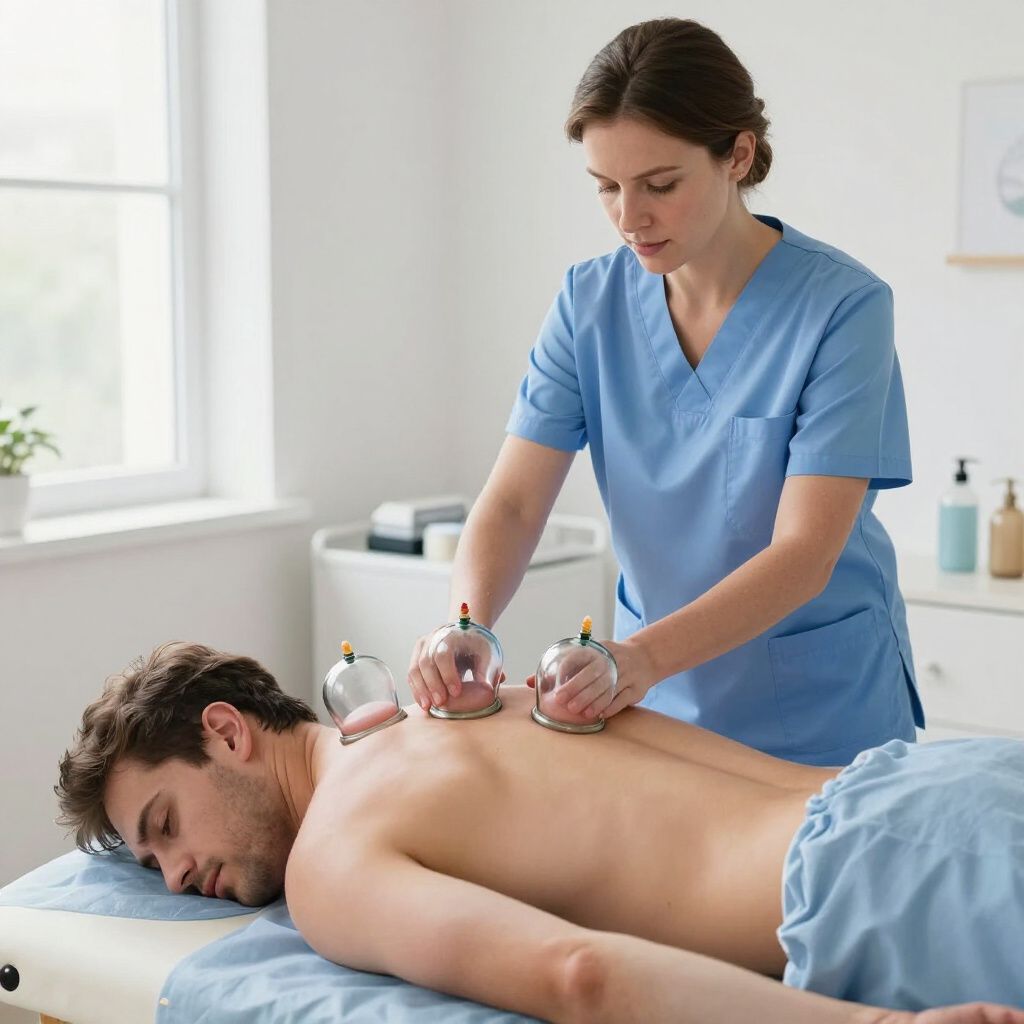 Woman in scrubs placing cupping therapy cups on a man's back in a clinic setting.