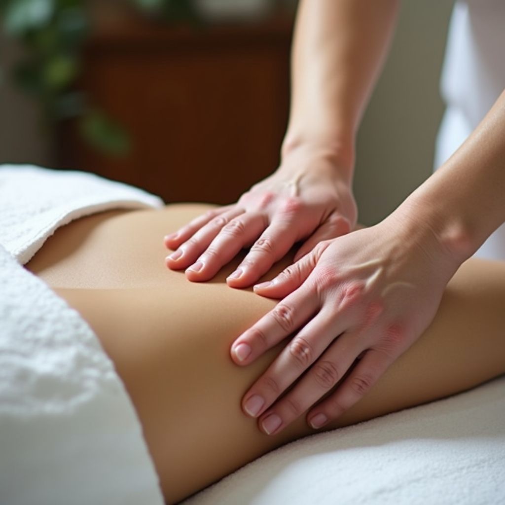 Hands massaging a person's lower back on a white towel, likely a spa setting.