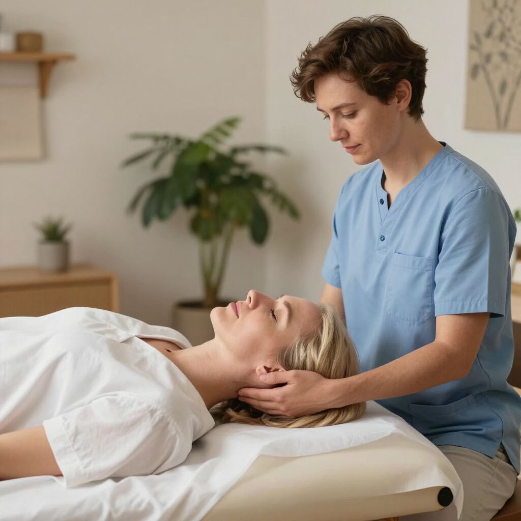 Woman receiving head massage from a person in blue scrubs in a room with a plant and art.
