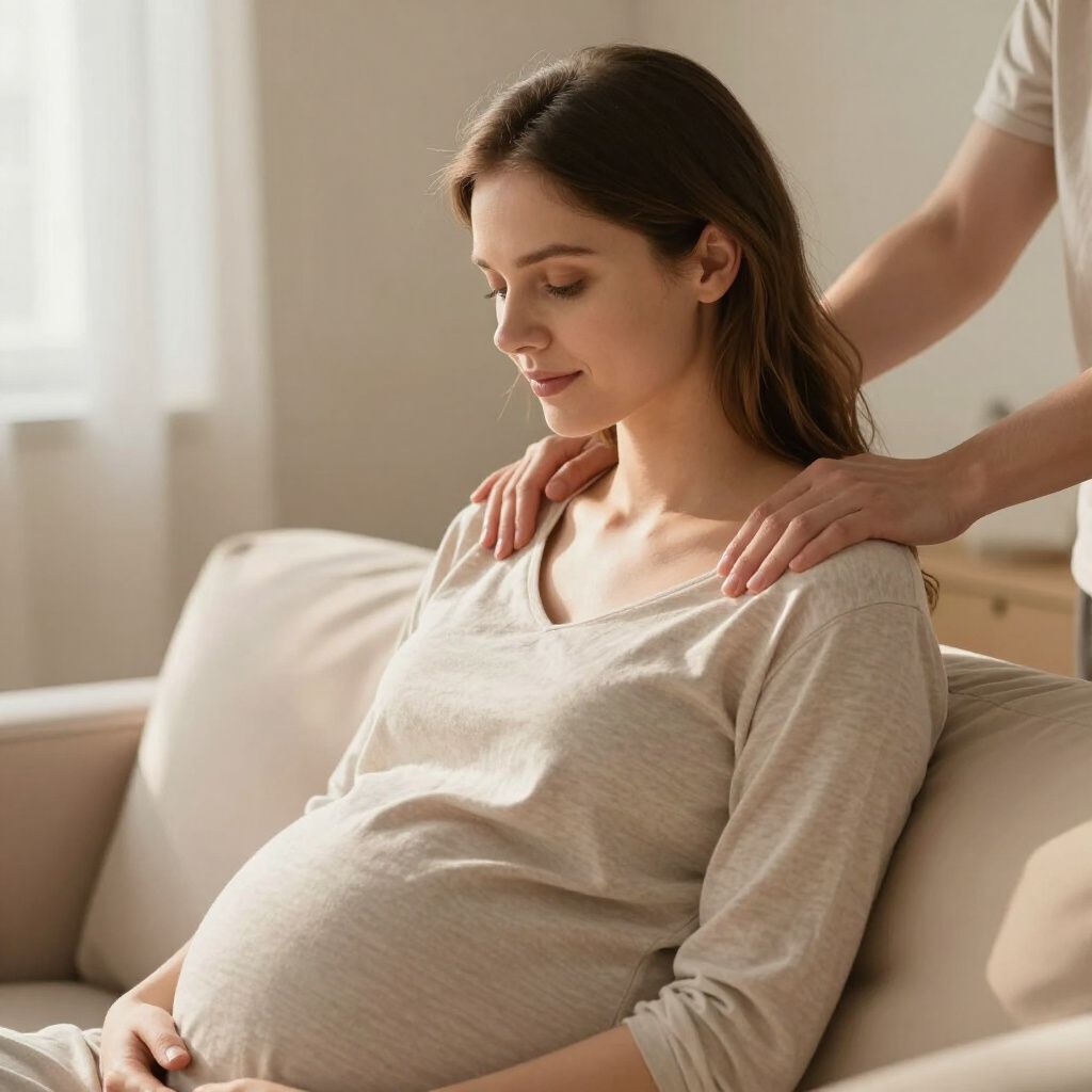 Pregnant woman sitting on a couch, receiving a shoulder massage, indoors.