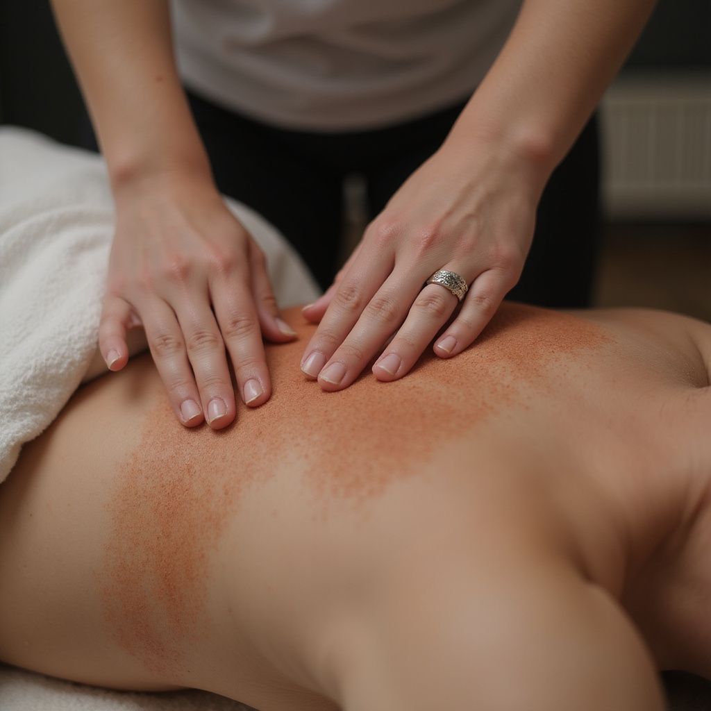 Person receiving a back massage; red scrub visible on back. Hands of masseuse gently applying pressure.