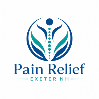 Logo for Exeter NH Massage. Features a hand with leaves, mountains, and sun in green and a pink. Text
