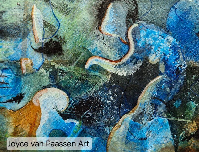 Vissersvrouw op kade; Semi Abstract acrylinkt en -verf; 13x18 cm; intuitief
