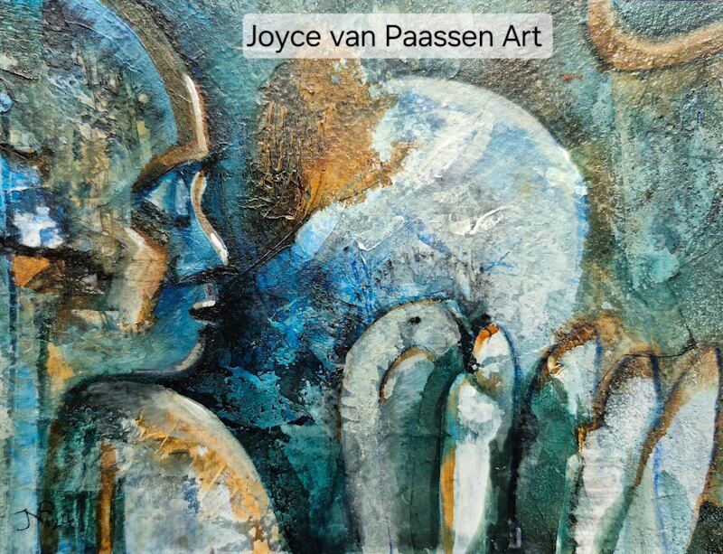 Godin bekijkt de wereld; Semi Abstract acrylinkt en -verf; 13x18 cm; intuitief