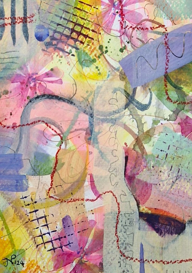 Zomerbloemen 4 ; Semi Abstract acrylverf gemengde tehnieken; 13x18 cm; intuitief