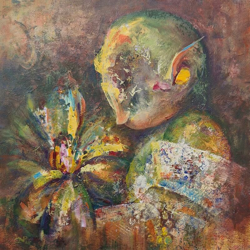 Gereserveerd
Abstract Mixed media Acrylverf in lagen met paletmes 
30 x 30 cm houtpaneel 
