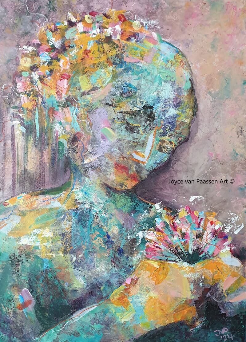 Lotus Lady; gemengde technieken op acrylpapier 30x40 cm; verkocht ; intuitief