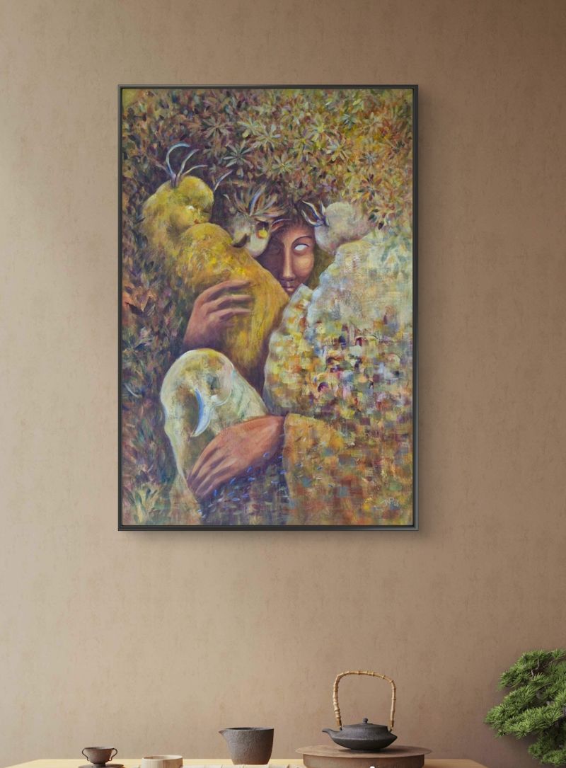 Zo ziet het schilderij Lady of the Woods er in een woonkamer uit