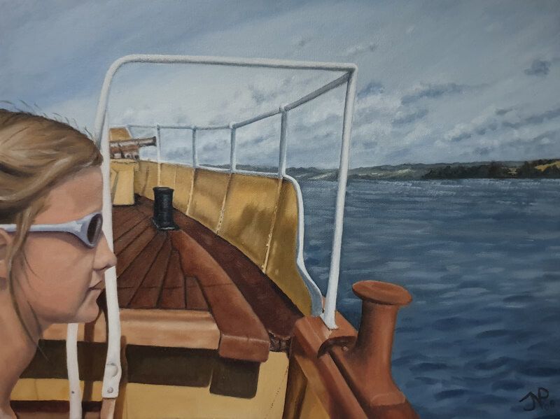 portret en Noorwegen stoomboot olieverf doek