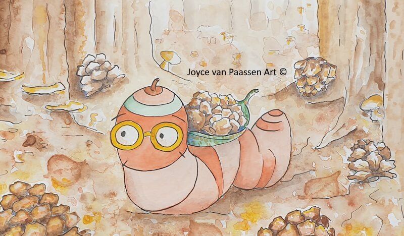 Wilma de regenworm Herfst -Aquarel 2021 Joyce van Paassen Art ©