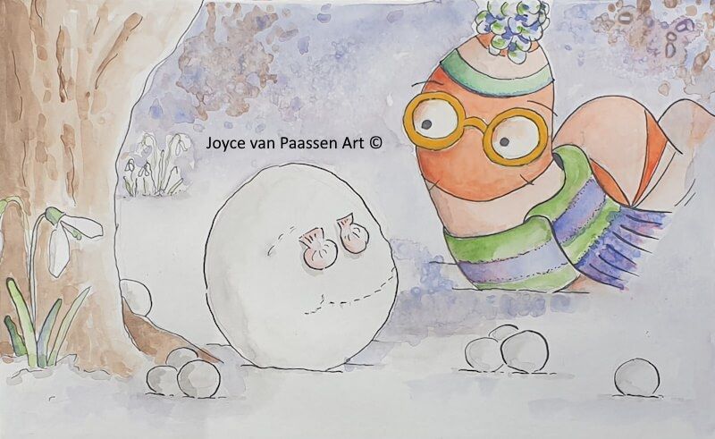 Onderdeel van een serie illustraties gemaakt bij een kinderliedje over Wilma de Regenworm en de seizoenen.