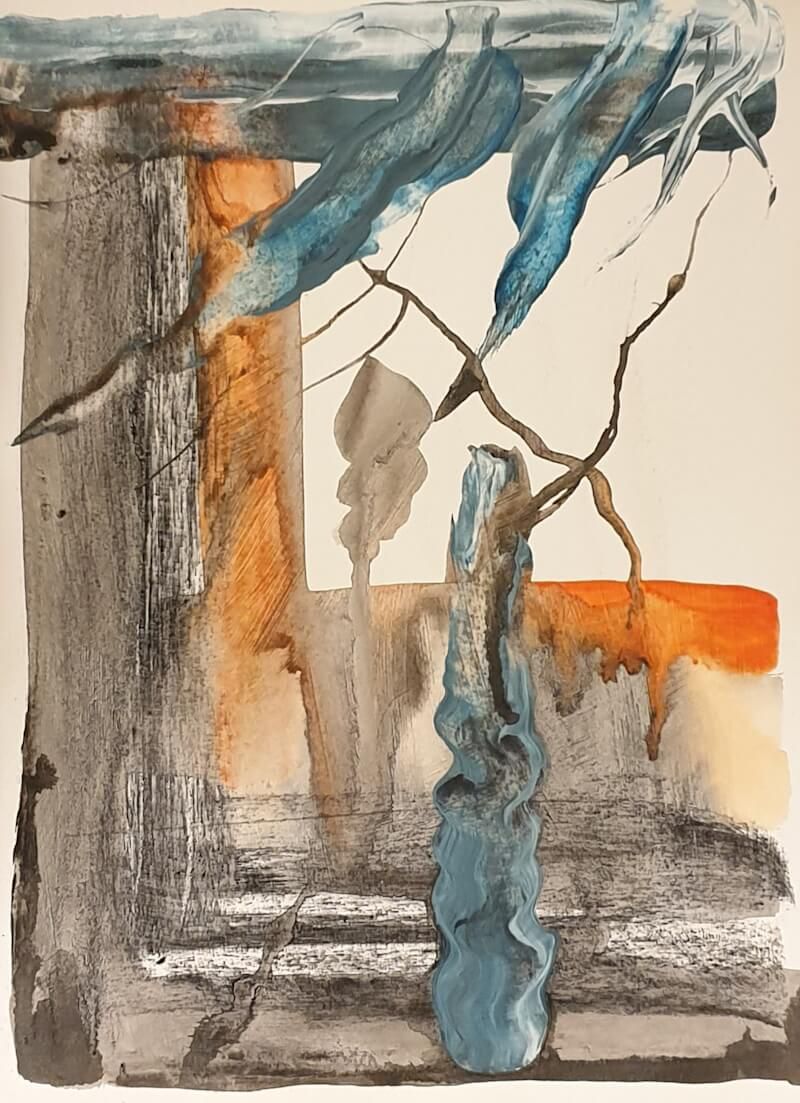 Oranje en petrol acryl, inkt, houtskool. Onderzoek naar kleuren en texturen