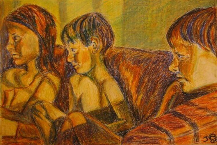 oliepastel zonlicht kinderen op de bank