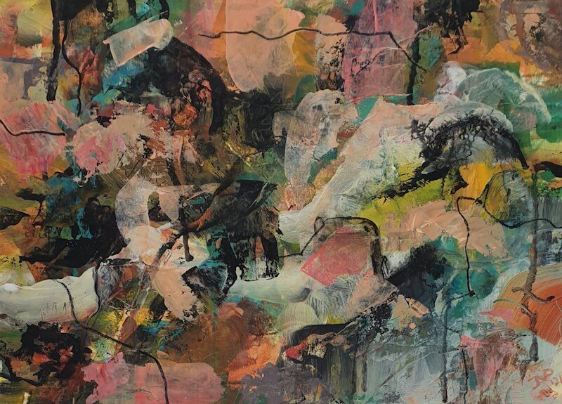 Abstract intuïtief gelaagd expressief schilderij op papier