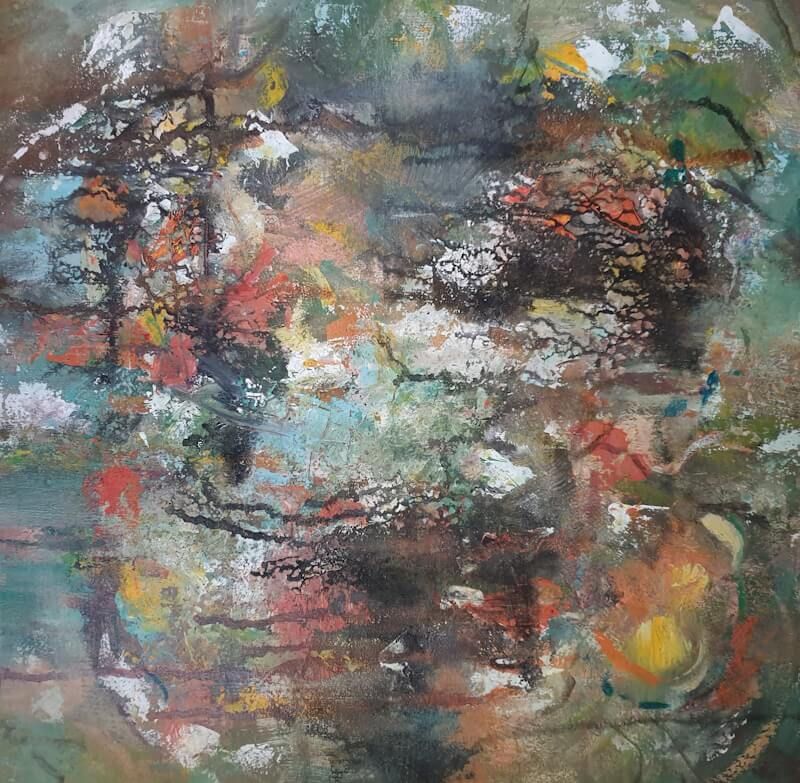 Acrylverf op houtpaneel. Het tweede houtpaneel, ook geheel veranderd en ook hier vind ik de texturen interessant
