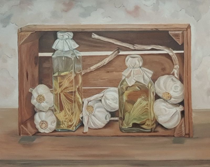 olieverf op doek knoflook kistje