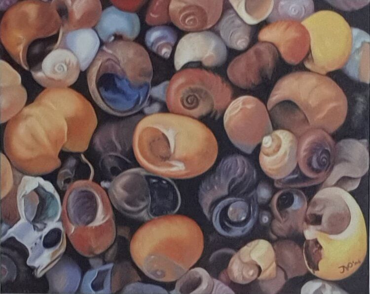 schelpen olieverf op canvasboard