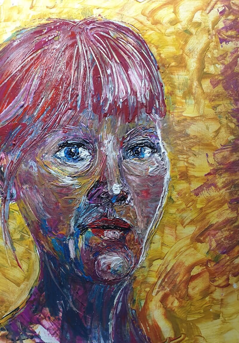 Zelfportret met houtjes gemaakt; acryl