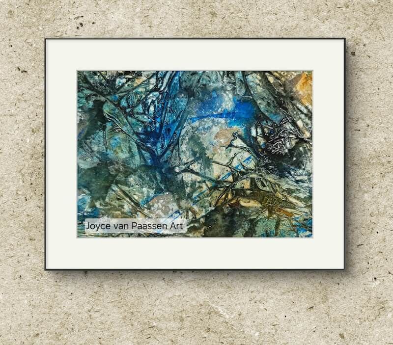Recycle art; uit de collectie 13x18 cm acrylinkt en gemengde technieken op hergebruikt aquarelpapier; hier met passe-partout.
