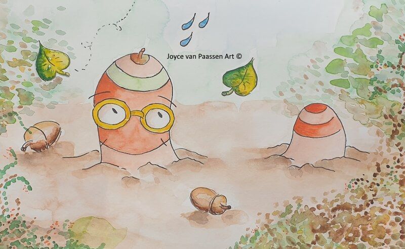 Wilma de regenworm - Wilma wordt wakker; aquarel en inkt illlustratie