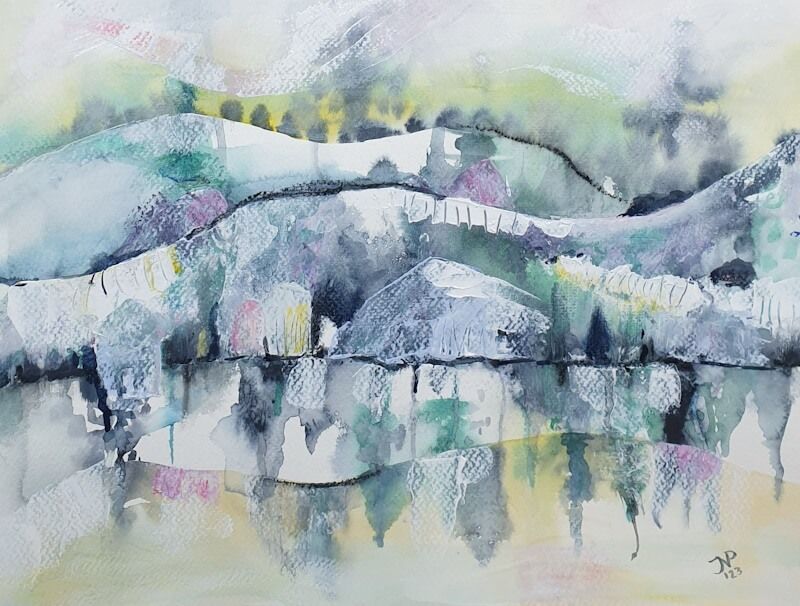 Sneeuwlandschap. Intuitief schilderij op aquarelpapier; gemengde technieken, paletmes, acrylverf
27cmx35cm