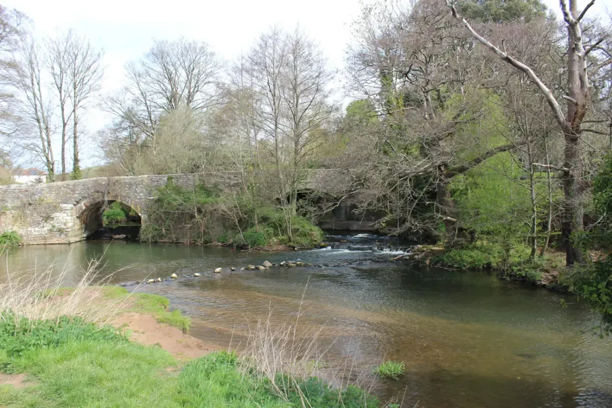 Stone bridge over a flowing river, surrounded by trees and green foliage.