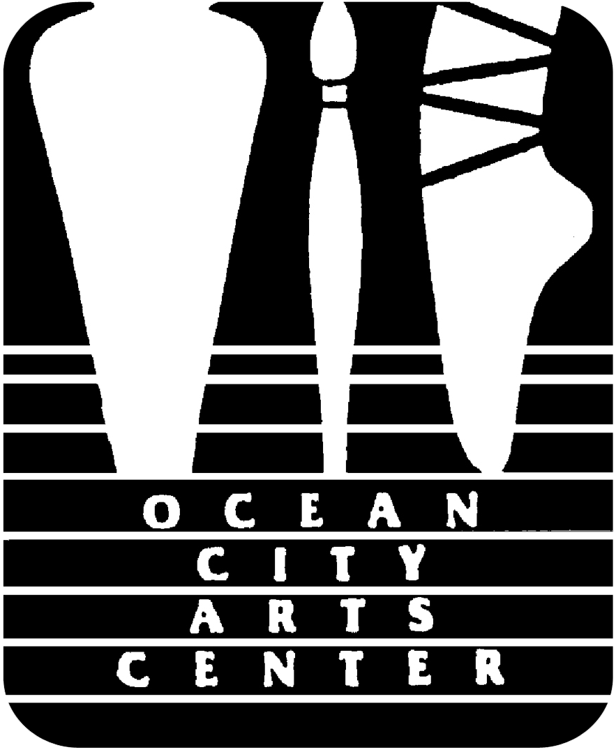 Ocean City Arts Center logo: a vase, paintbrush, and sculpture in black and white.